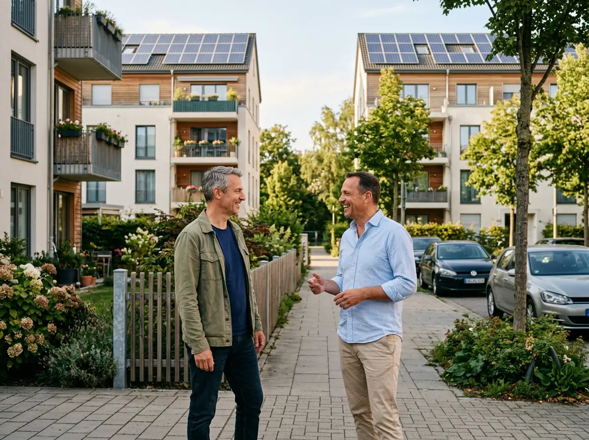 Zwei Nachbarn im Gespräch zwischen Gebäuden mit Solaranlagen – P2P Energy Sharing mit Neshtec