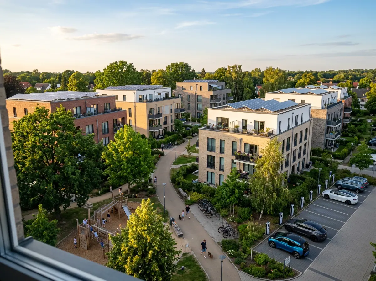 Norddeutsches Wohnquartier mit mehreren Solargebäuden – regionaler Energy-Sharing-Marktplatz von Neshtec