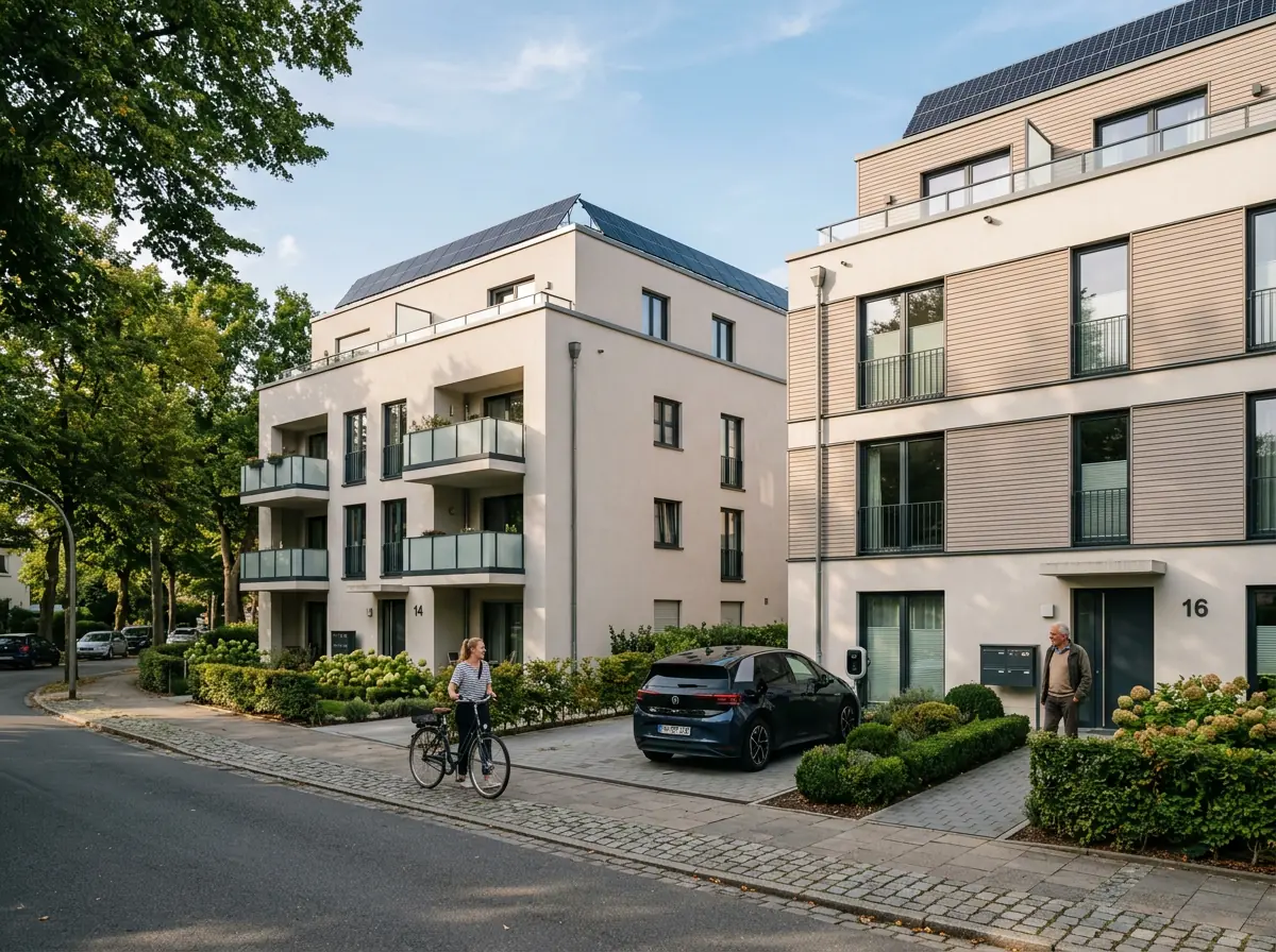 Norddeutsches Wohnquartier mit Solaranlagen auf mehreren Gebäudedächern – Ausgangslage für Energy Sharing mit Neshtec
