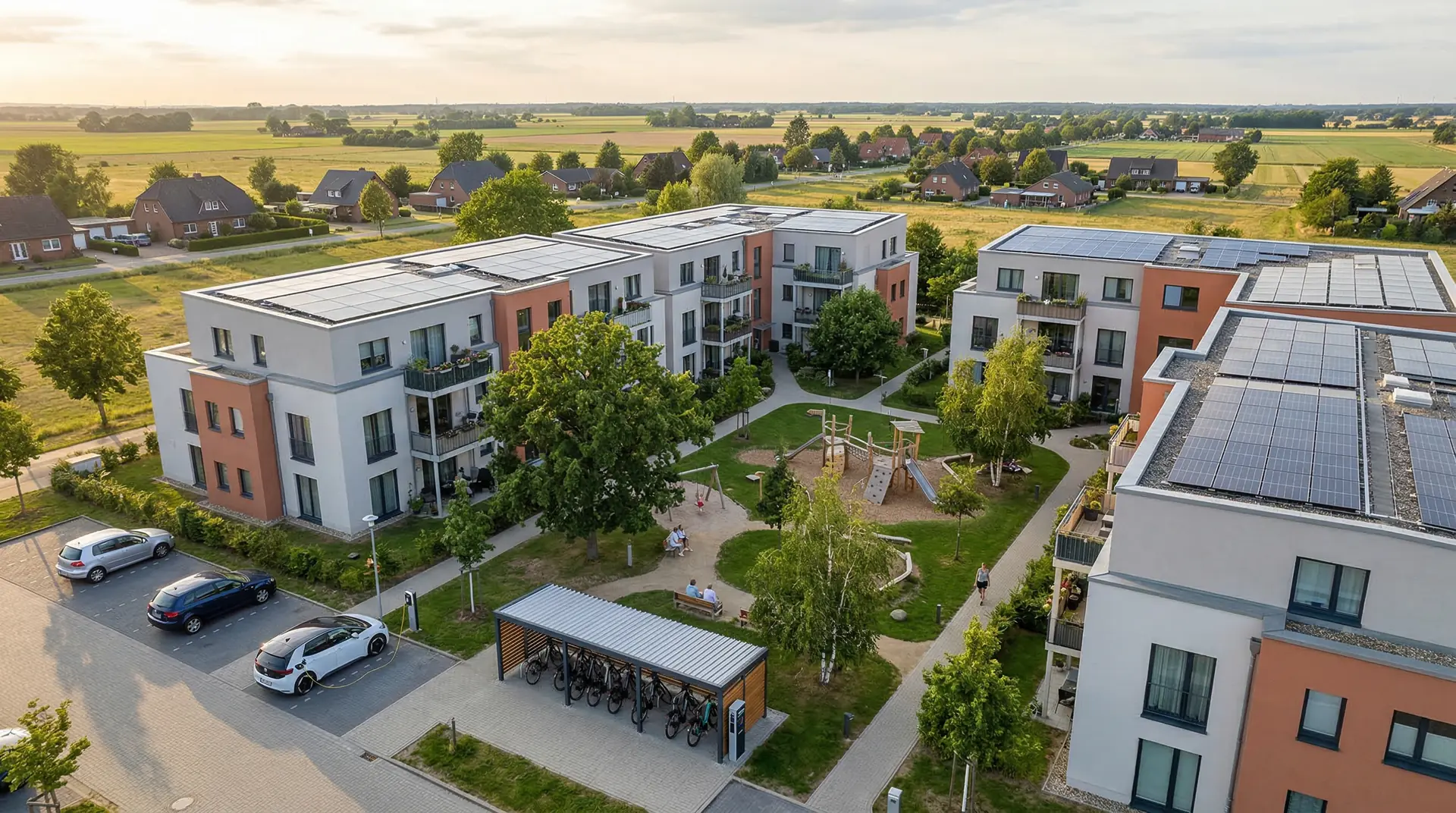 Luftaufnahme eines Wohnquartiers mit Solaranlagen auf allen Dächern – Neshtec Mieterversorgung