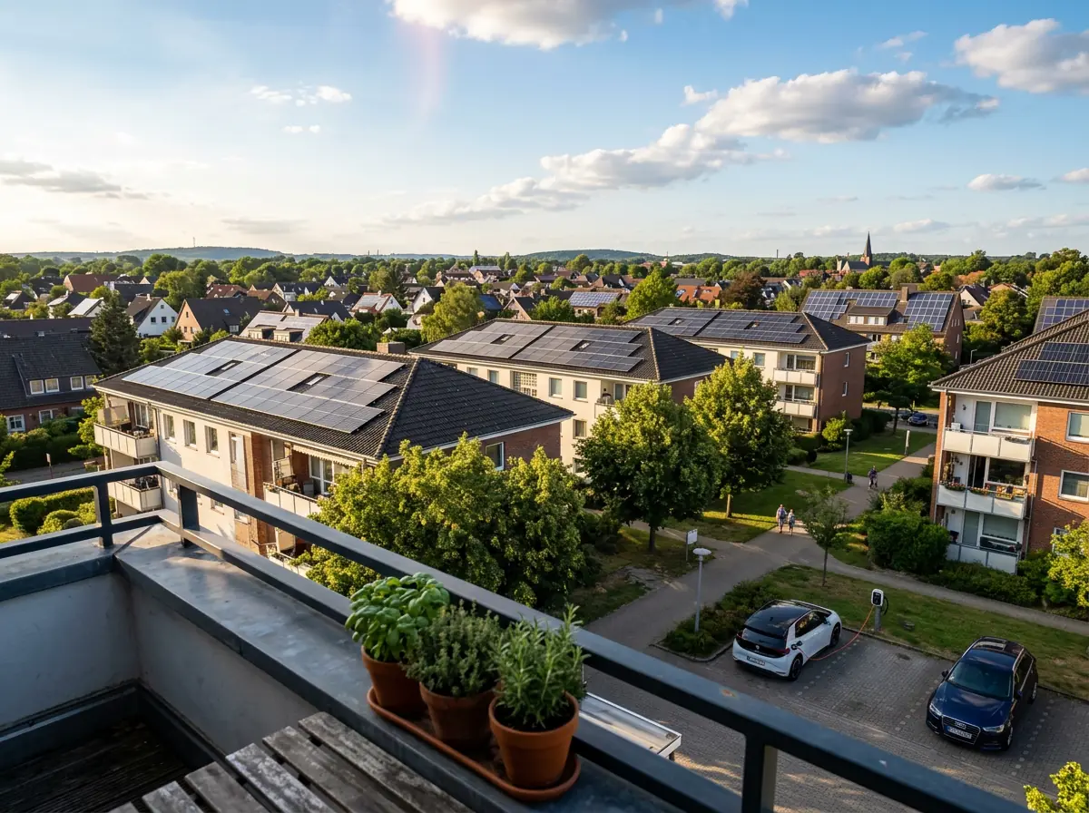 Blick vom Balkon über norddeutsche Wohngebäude mit Solaranlagen auf den Dächern – Nachbarschaftliches Energy Sharing mit Neshtec