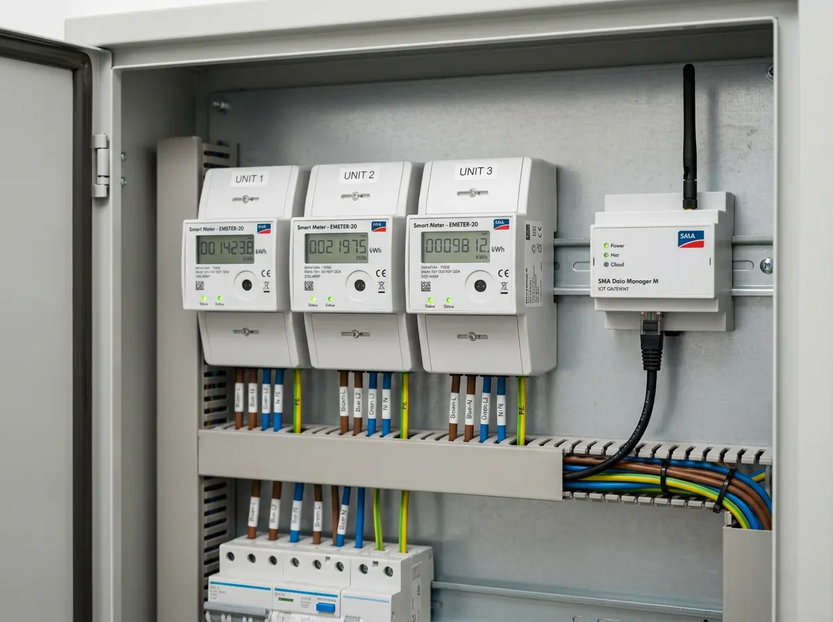 Nesh.Core Hardware-Setup: Smart Meter, Parteienmodule und Nesh.Bridge-Gateway im Schaltschrank eines Mehrfamilienhauses