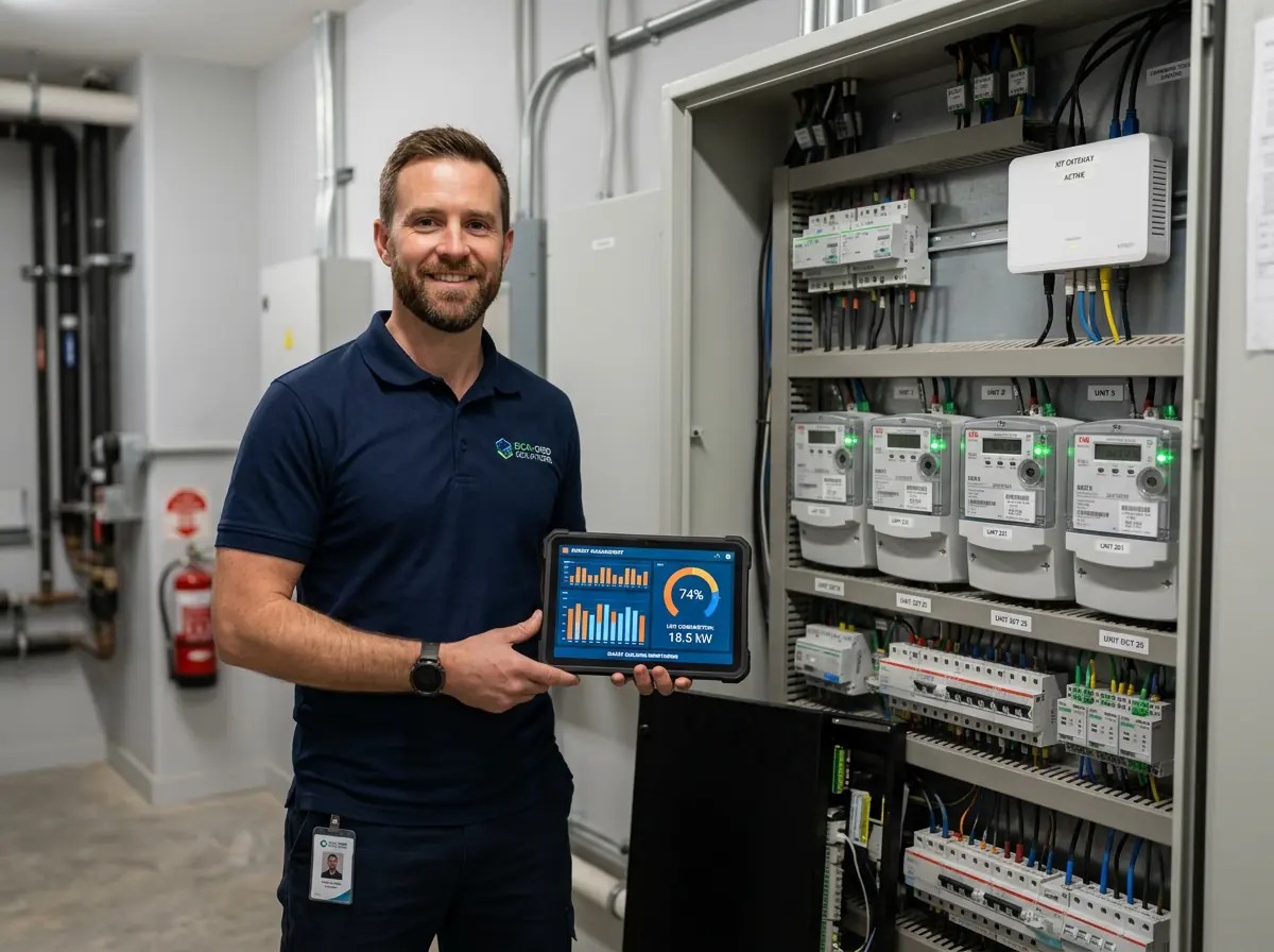 Neshtec-Techniker zeigt NESH.HUB-Dashboard auf Tablet vor geöffnetem Schaltschrank mit Smart Metern – Hardware, Software und Service in einem System