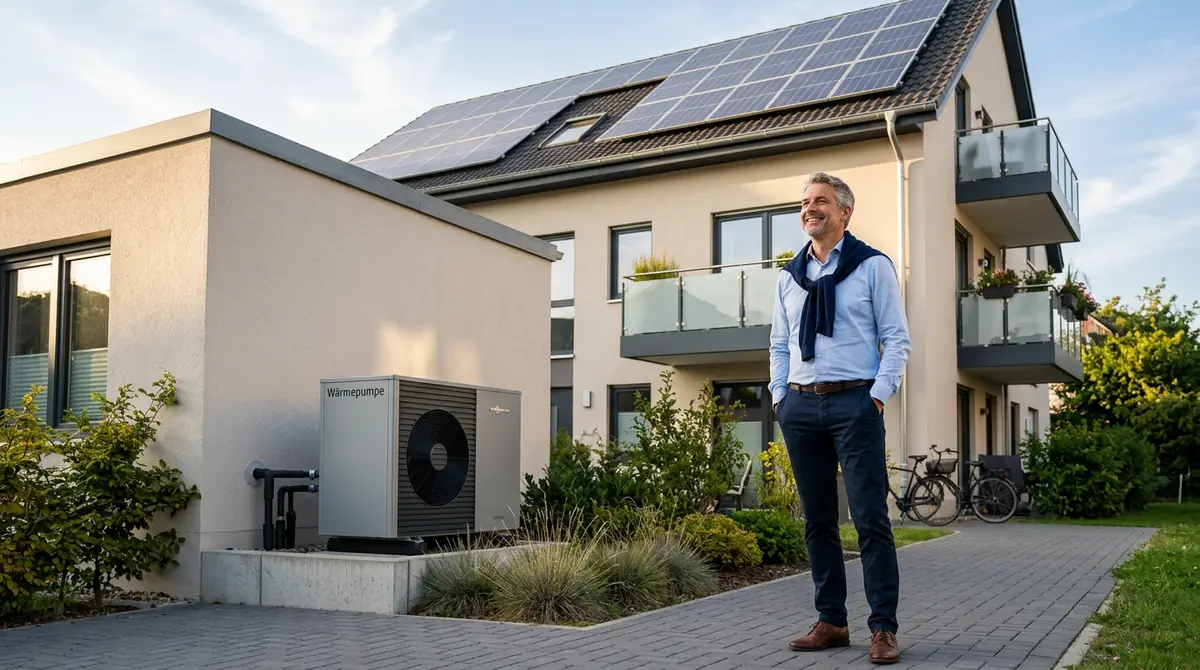 Vermietender vor seinem Mehrfamilienhaus mit Photovoltaikanlage auf dem Dach und Wärmepumpe im Vordergrund – integrierte Strom- und Wärmeversorgung in einem System